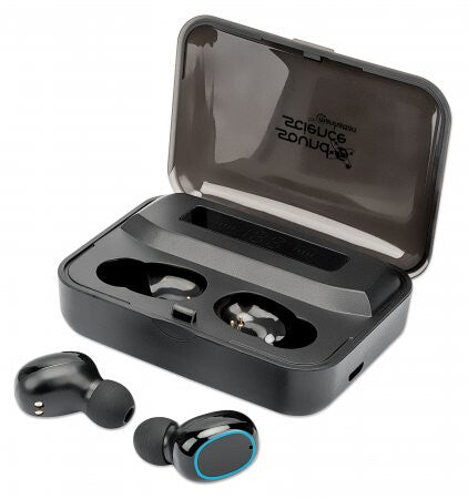 Manhattan Bluetooth In-Ear Headphones, Black, Microphone, Integrated Controls, Sweatproof, Noise Isolating, 5 hour usage time, Max Range 10m, Charging Case with Powerbank (1200mAh), Bluetooth v5.0, USB-A charging cable included, 3 Year Warranty