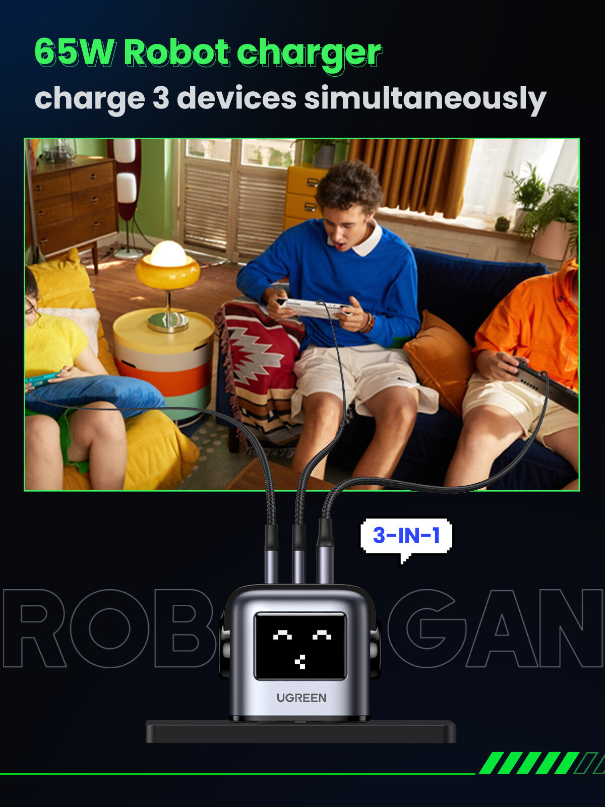 Ugreen USB-A+2C 65W UNO GAN CHARGER Mobile phone, Laptop, Tablet Black AC, USB Indoor