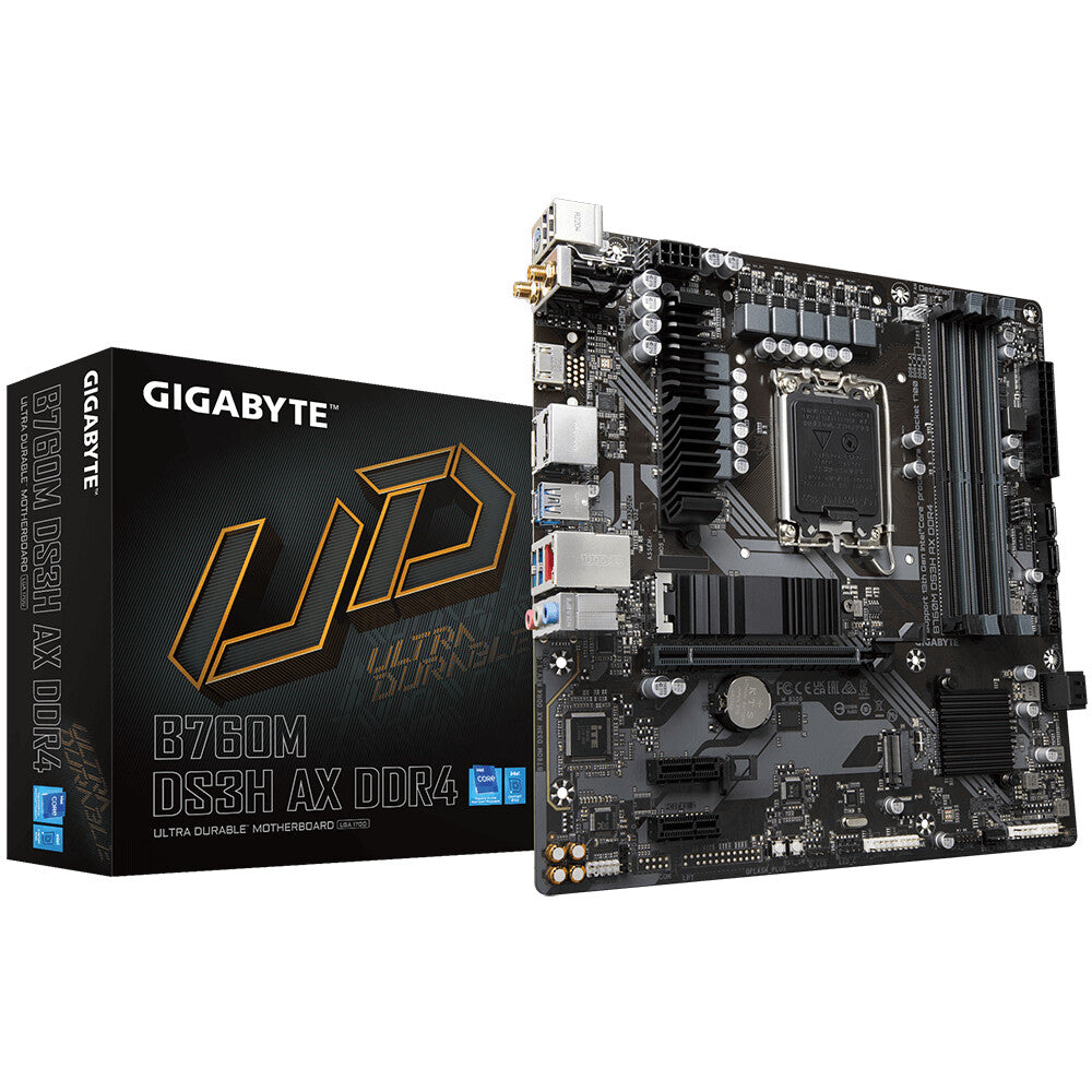 Placa base Gigabyte B760M DS3H AX DDR4, Intel Socket 1700, 12.ª/13.ª generación, 1 PCIe 4.0 x16, 2 PCIe 4.0 M.2, Micro ATX, USB tipo C, LAN 2,5 GbE, Wi-Fi 6E 802.11ax, HDMI, DisplayPort, ventilador inteligente 6, Q-Flash Plus