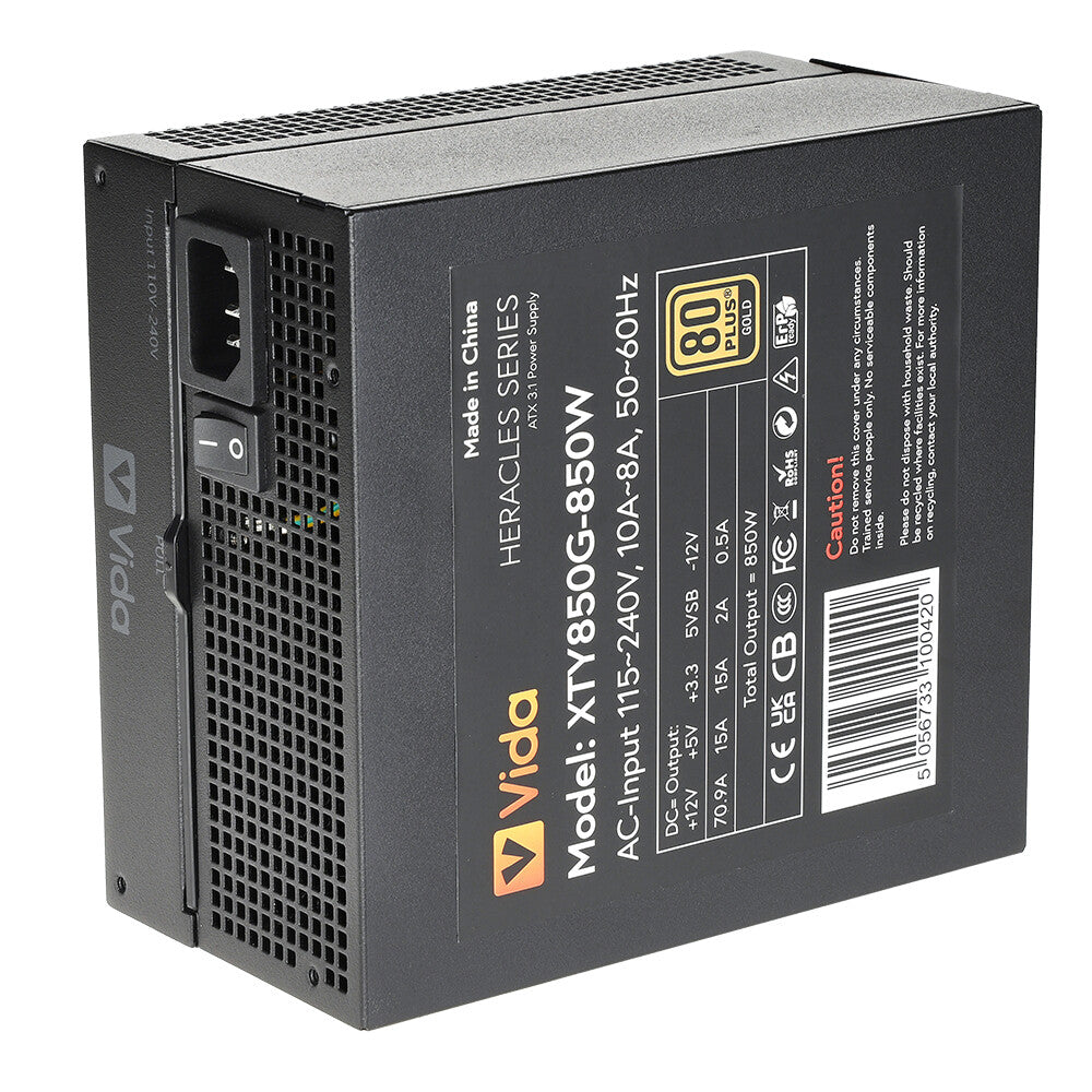 VIDA 850W Heracles Black ATX 3.1 Gaming PSU, 80+ Gold, Fully Modular, 140mm Ultra-Quiet FDM Fan, Flat Black Cables, PCIe 5.1, Power Lead Not Included