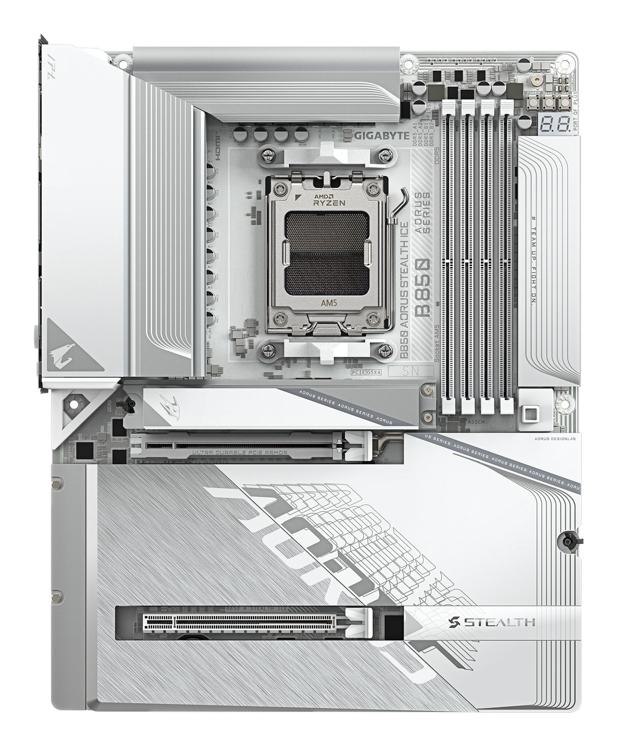 GIGABYTE B850 AORUS STEALTH ICE Motherboard - AMD Ryzen 9000 Series CPUs, 14+2+2 Phases Digital VRM, up to 8200MHz DDR5 (OC), 2xPCIe 5.0 + 2xPCIe 4.0 M.2, WIFI 7, 5 GbE LAN, USB 3.2 Gen 2