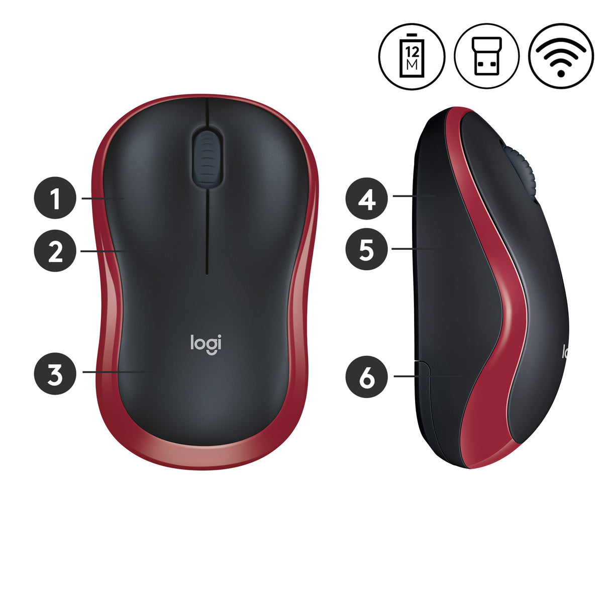 Logitech M185 Ratón Inalámbrico para Portátil, Nano Receptor USB, Negro/Rojo