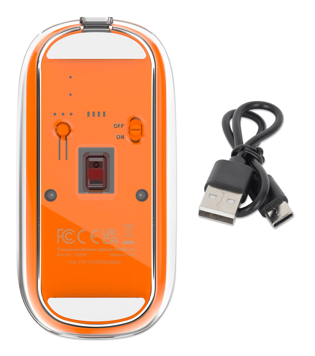 Manhattan Transparent Rechargeable Wireless Mouse, Clear/Orange, Adjustable 800/1200/1600dpi, With RGB LED light, 2.4Ghz (effective range up to 10m), USB, Optical, Ambidextrous, Four Button with Scroll Wheel, Slim Design, USB-A micro receiver, Lithium Ion