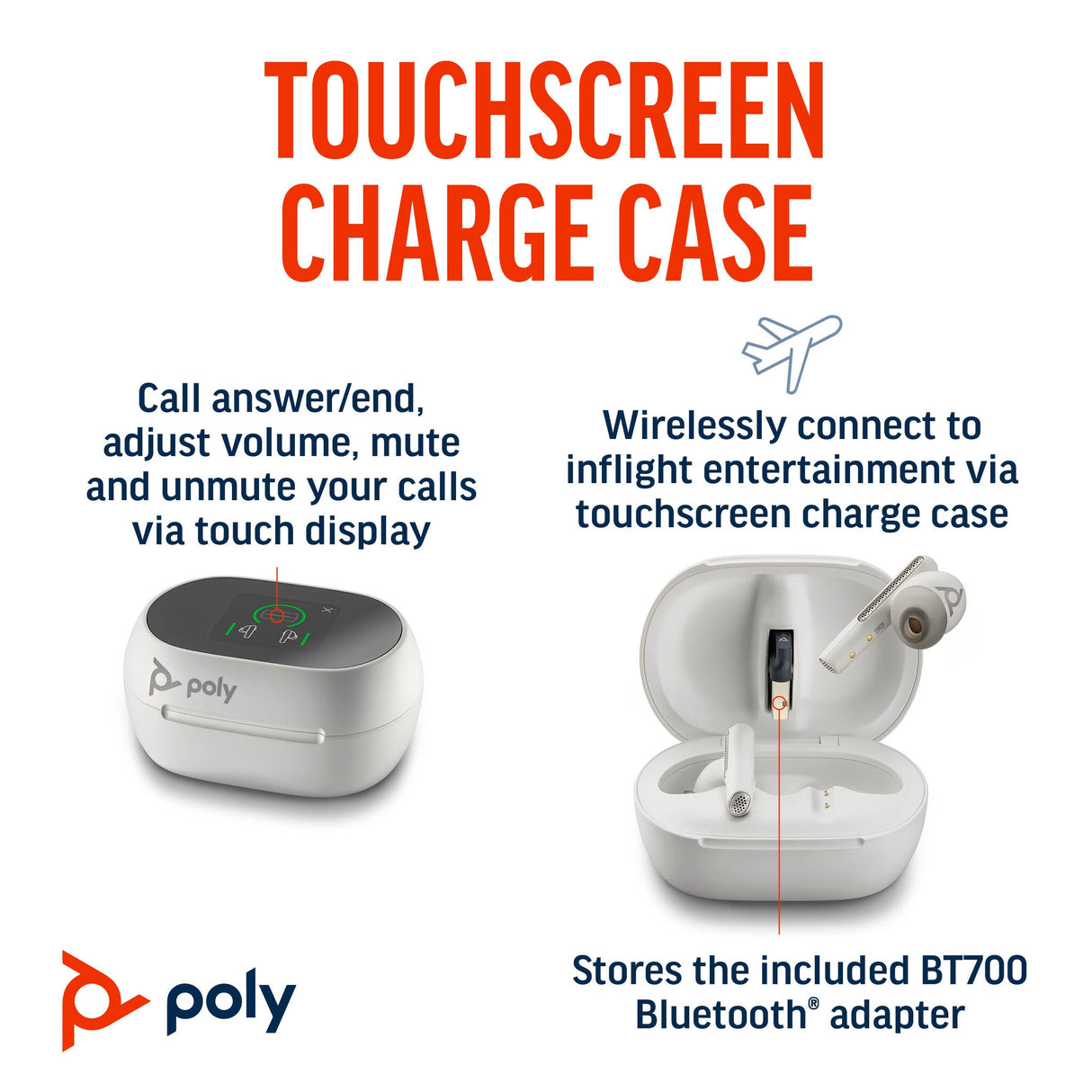 POLY Voyager Free 60+ UC White Sand Earbuds +BT700 USB-A Adapter +Touchscreen Charge Case