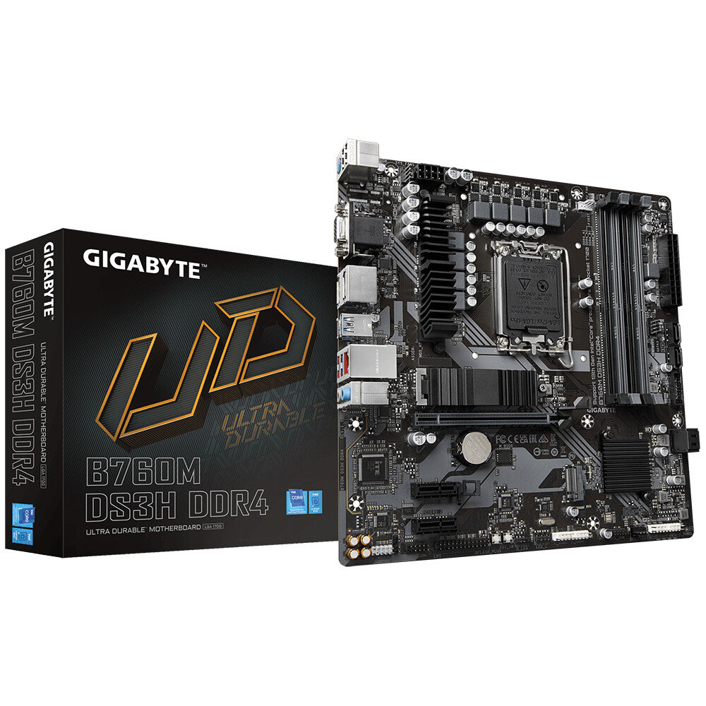 Placa base Gigabyte B760M DS3H DDR4, Intel Socket 1700, 12.ª/13.ª generación, 1x PCIe 4.0 x16, 2 x PCIe 4.0 M.2, Micro ATX, USB tipo C, LAN 2,5 GbE, HDMI, DisplayPort, Smart Fan 6, Q- Flash Plus