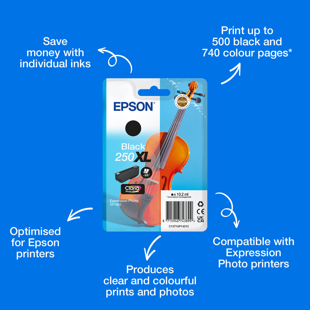 Epson Singlepack Black 250XL Violin Claria Photo HD Ink