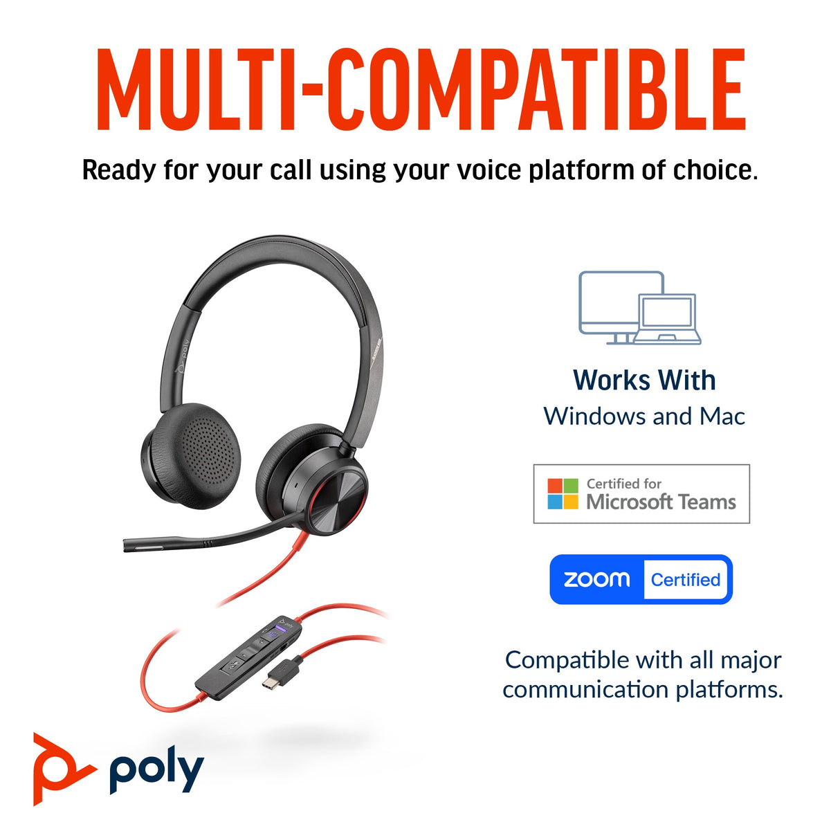 POLY Blackwire 8225 Stereo USB-C Headset +USB-C/A Adapter