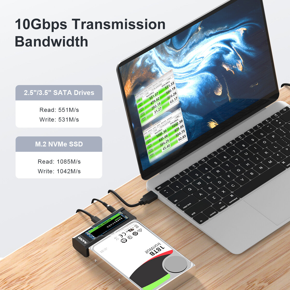 MAIWO K10635N Dual Bay USB Type C Hard Drive Enclosure HDD / SSD Duplicator for 2.5/3.5 Inch SATA Hard Drive and M.2 NVMe SSD, Support Offline Clone and Transmission Speed Up to 10Gbps, w/ 12V/3A Power