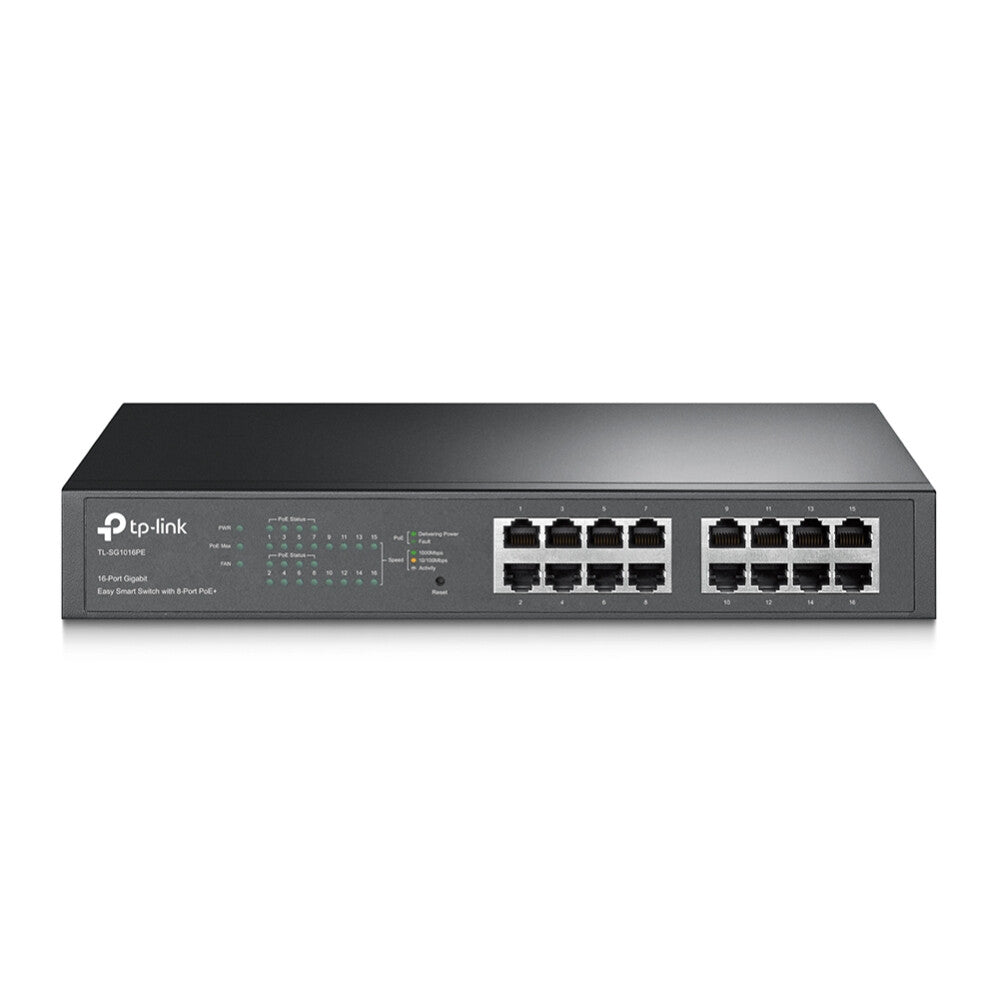 TP-LINK (TL-SG1016PE) Conmutador de escritorio/rack inteligente Easy Gigabit de 16 puertos, PoE+ de 8 puertos, metal