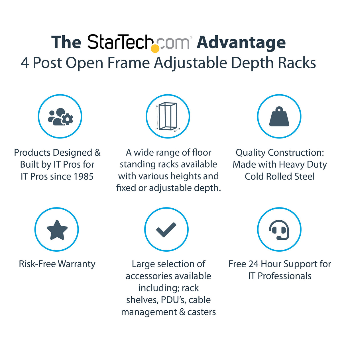 StarTech.com 4-Post 42U Mobile Open Frame Server Rack, Four Post 19" Network Rack with Wheels, Rolling Rack with Adjustable Depth for Computer/AV/Data/IT Equipment - Casters, Leveling Feet or Floor Mounting