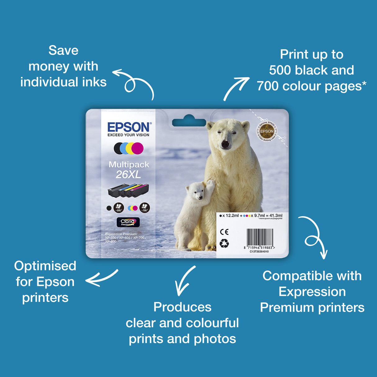 Epson Polar bear 26 Claria Premium Single Cyan Ink