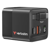 Verbatim GaN Charger 65W 2 Port retractable cable display US plugs with EU and UK adaptors