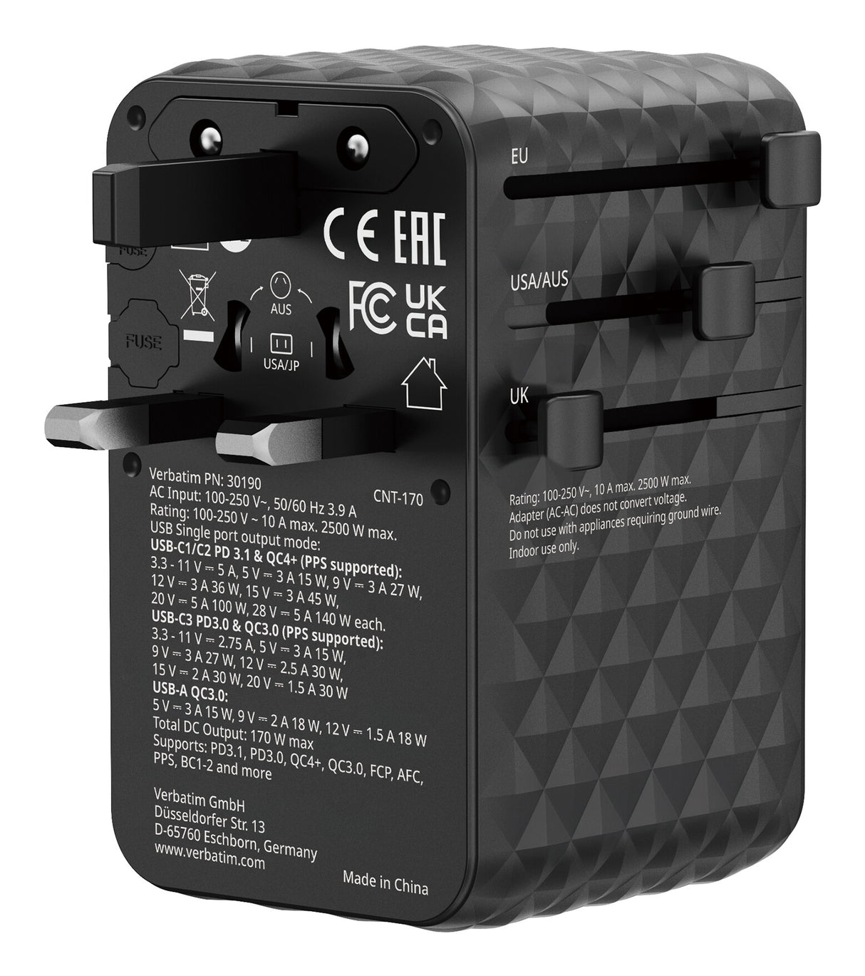 Verbatim Charge 'n' Travel 170W Universal Travel Adapter Black