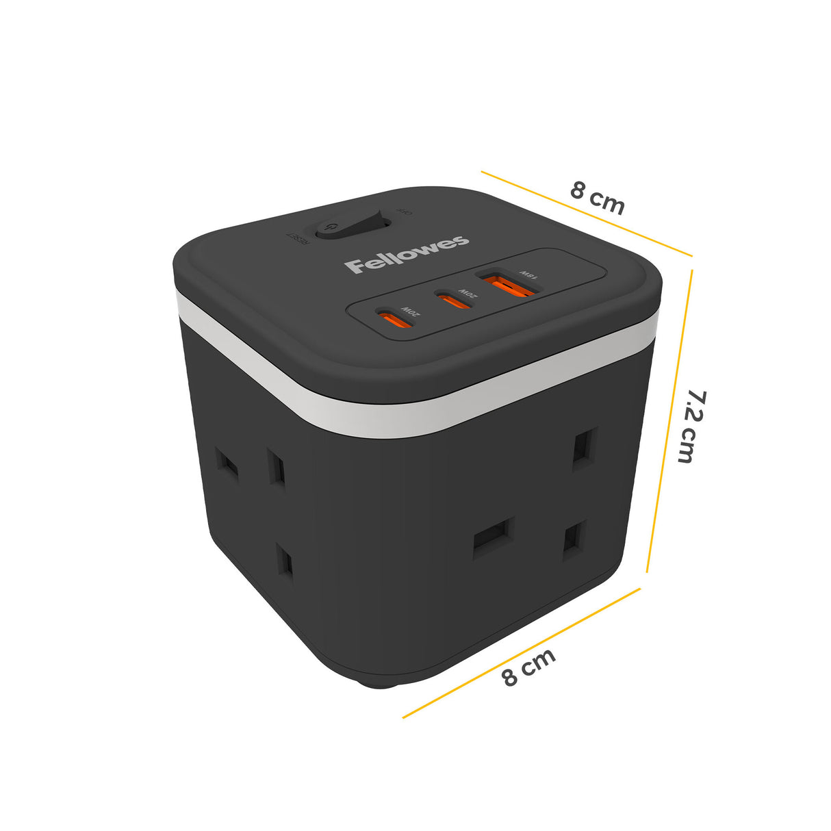 Fellowes Power Cube with 3 Power Socket Extension USB-A & USB-C Ports Black