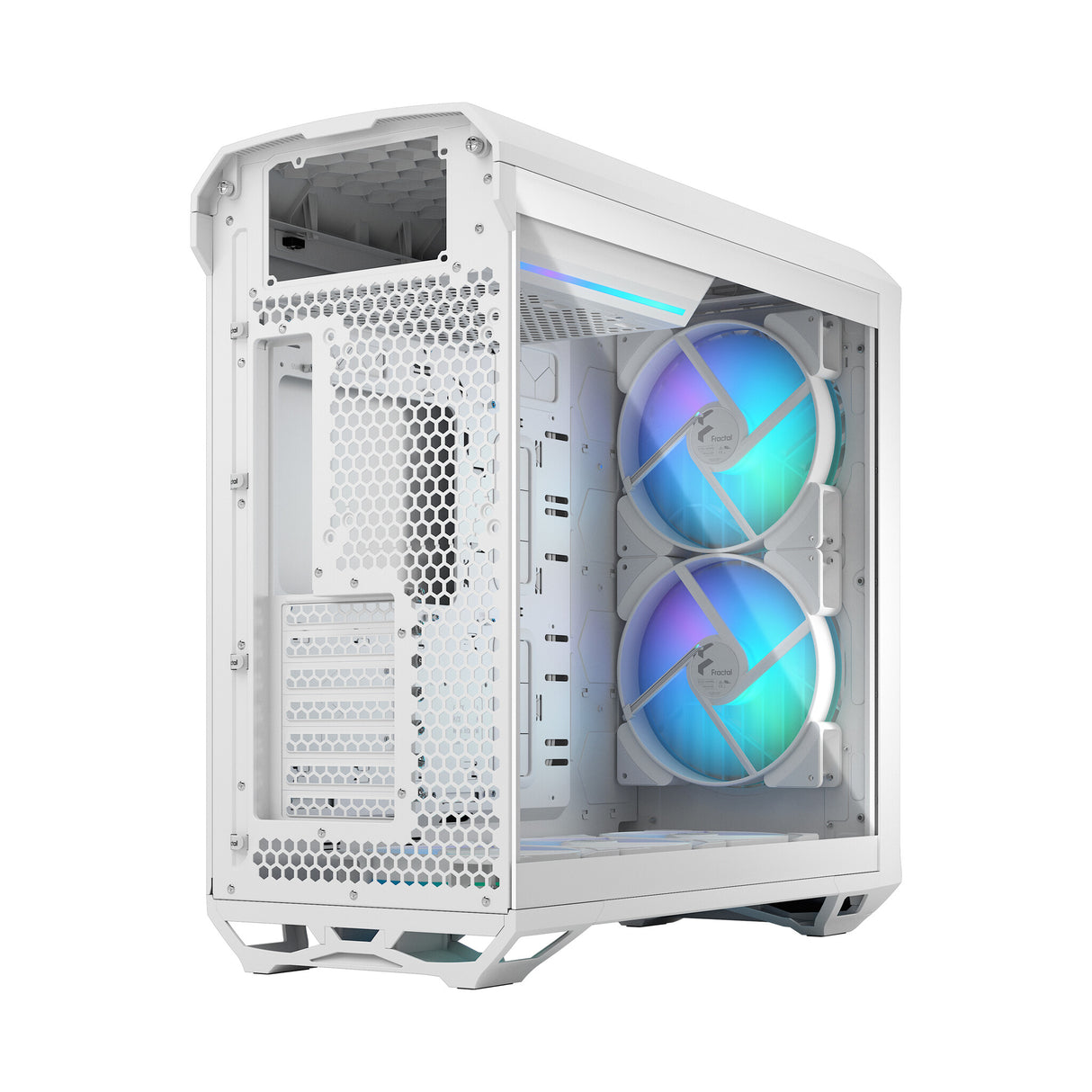 Fractal Design Torrent (White RGB TG) Estuche para juegos con ventana de vidrio transparente, E-ATX, 5 ventiladores ARGB, concentrador de ventilador, tira RGB en cubierta de fuente de alimentación, rejilla frontal, USB-C