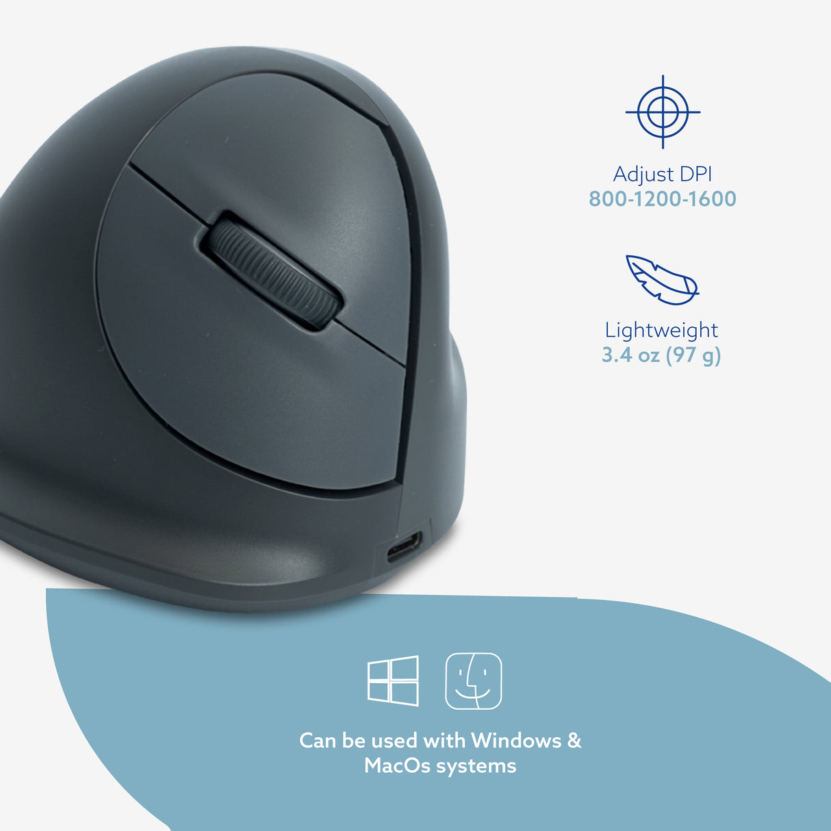 R-Go Tools Vertical mouse R-Go HE Basic, ergonomic mouse, medium (hand size ≥ 185 mm), right-handed, Bluetooth, grey