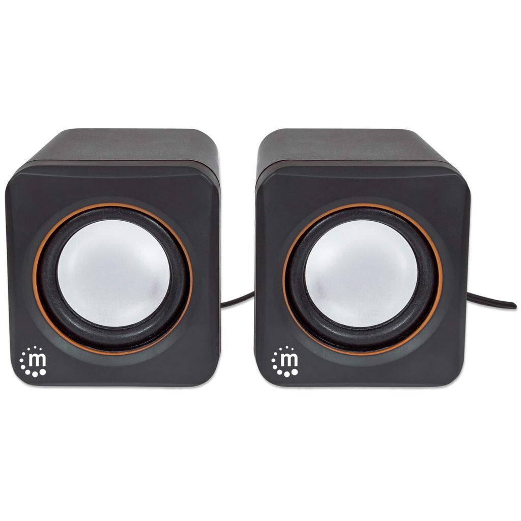 Manhattan 2600 Series Speaker System, Small Size, Big Sound, Two Speakers, Stereo, USB power, Output: 2x 3W, 3.5mm plug for sound, In-Line volume control, Cable 0.9m, Black, Three Year Warranty
