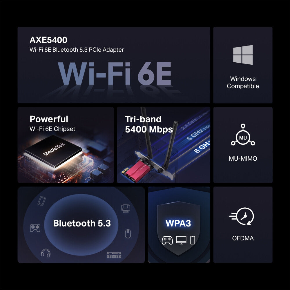 Mercusys (MA86XE) AXE5400 Adaptateur PCI Express tri-bande Wi-Fi 6E, Bluetooth 5.2