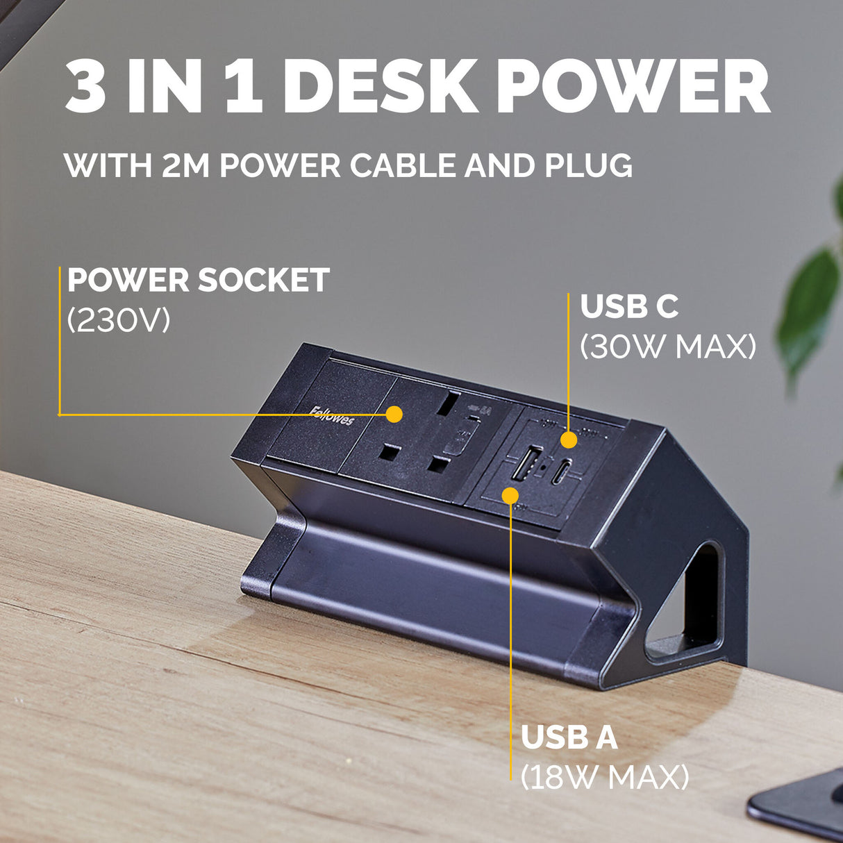 Fellowes Power Desk Type G Clamp Fit 1x230v 1xUSB-A 1x USB-C Socket 2m Cable Black - 100136980 power extension 1 AC outlet(s) Indoor