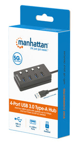 Manhattan USB-C Dock/Hub, Ports (x4) with on/off switch for each port: USB-A (x4), 5 Gbps (USB 3.2 Gen1 aka USB 3.0), Universal for all devices, Bus or AC powered (optional jack, not included), Cable 1.5m, SuperSpeed USB, Black, Three Year Warranty