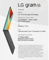 LG Gram 16Z90RU-G.AP52A1 laptop Intel® Core™ i5 i5-1334U 40.6 cm (16") WQXGA 16 GB LPDDR5-SDRAM 256 GB SSD Wi-Fi 6 (802.11ax) Windows 11 Pro Black
