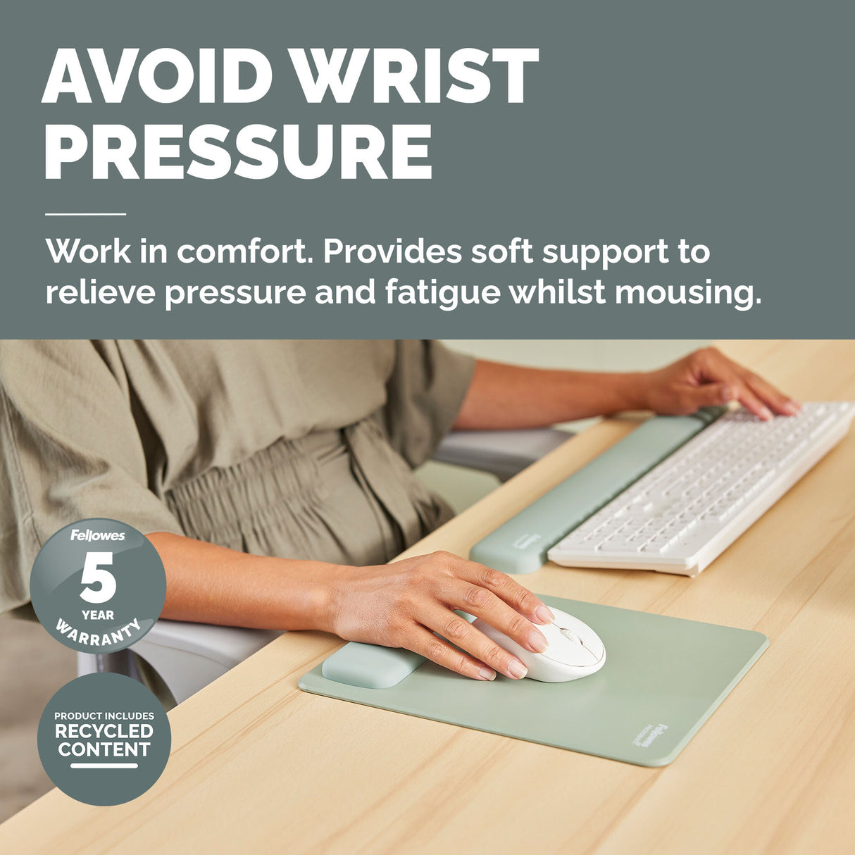 Fellowes Breyta XL Mouse Mat Wrist Rest XL Mouse Pad Wrist Support with Antibacterial Protection Ergonomic Mouse Mat Sage
