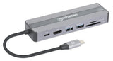 Manhattan USB-C Dock/Hub with Card Reader, Ports (x5): Ethernet, HDMI, USB-A (x2) and USB-C, With Power Delivery (87W) to USB-C Port (Note add USB-C wall charger and USB-C cable needed), All Ports can be used at the same time, Universal for all devices,