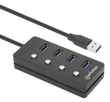 Manhattan USB-C Dock/Hub, Ports (x4) with on/off switch for each port: USB-A (x4), 5 Gbps (USB 3.2 Gen1 aka USB 3.0), Universal for all devices, Bus or AC powered (optional jack, not included), Cable 1.5m, SuperSpeed USB, Black, Three Year Warranty