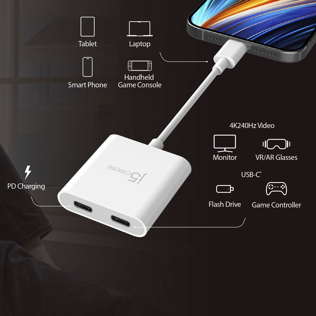 j5create USB-C to Dual USB-C with Video or Power Delivery