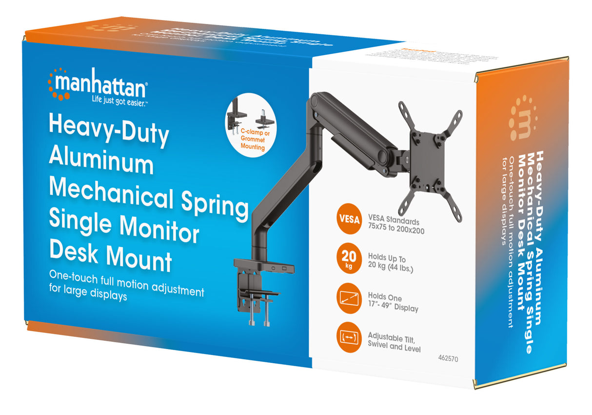 Manhattan Desk Mount for TV & Monitors (Full Motion Spring),For screens 13" to 42",C-Clamp or Grommet Assembly,VESA compatability:all between 75x75mm and 200x200mm -check the dimensions of the four mounting holes on back of screen to ensure it fits,Max 20