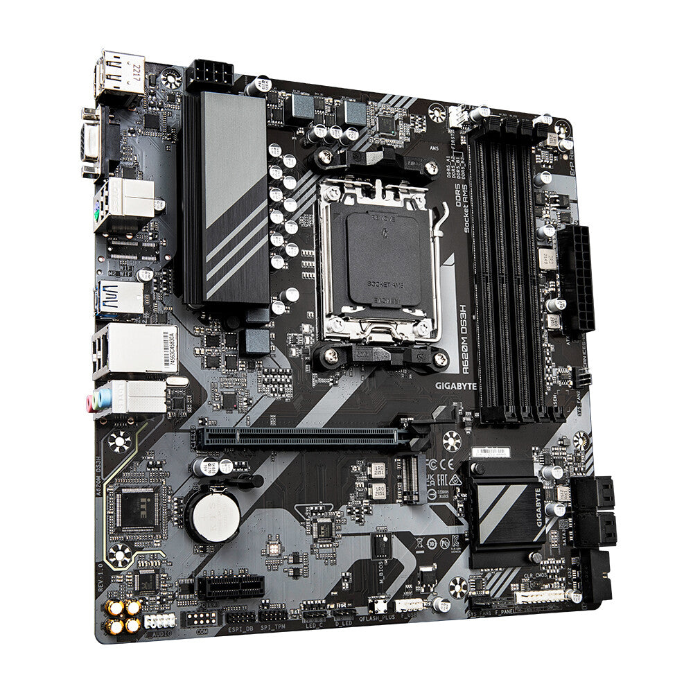 GIGABYTE A620M DS3H Motherboard - Supports AMD Ryzen 8000 CPUs, 5+2+2 Phases Digital VRM, up to 7600MHz DDR5 (OC), 1xPCIe 4.0 M.2, GbE LAN, USB 3.2 Gen 1