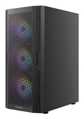 Caja ANTEC AX20, negra, torre media, 1 USB 3.0 / 2 USB 2.0, panel de ventana lateral de vidrio templado, barra inclinada y diseño de malla para flujo de aire masivo, 3 ventiladores LED RGB incluidos, ATX, Micro ATX, Mini-ITX