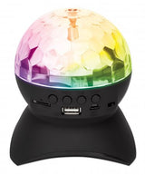 Manhattan Sound Science Disco Light Ball Bluetooth Speaker, FM Radio, Decent Sound Output (3W), 8 hour Playback time, Integrated Controls, Range 10m, microSD card reader, Aux 3.5mm, USB-A charging cable incl, Bluetooth 5.0, 3 Years Warranty