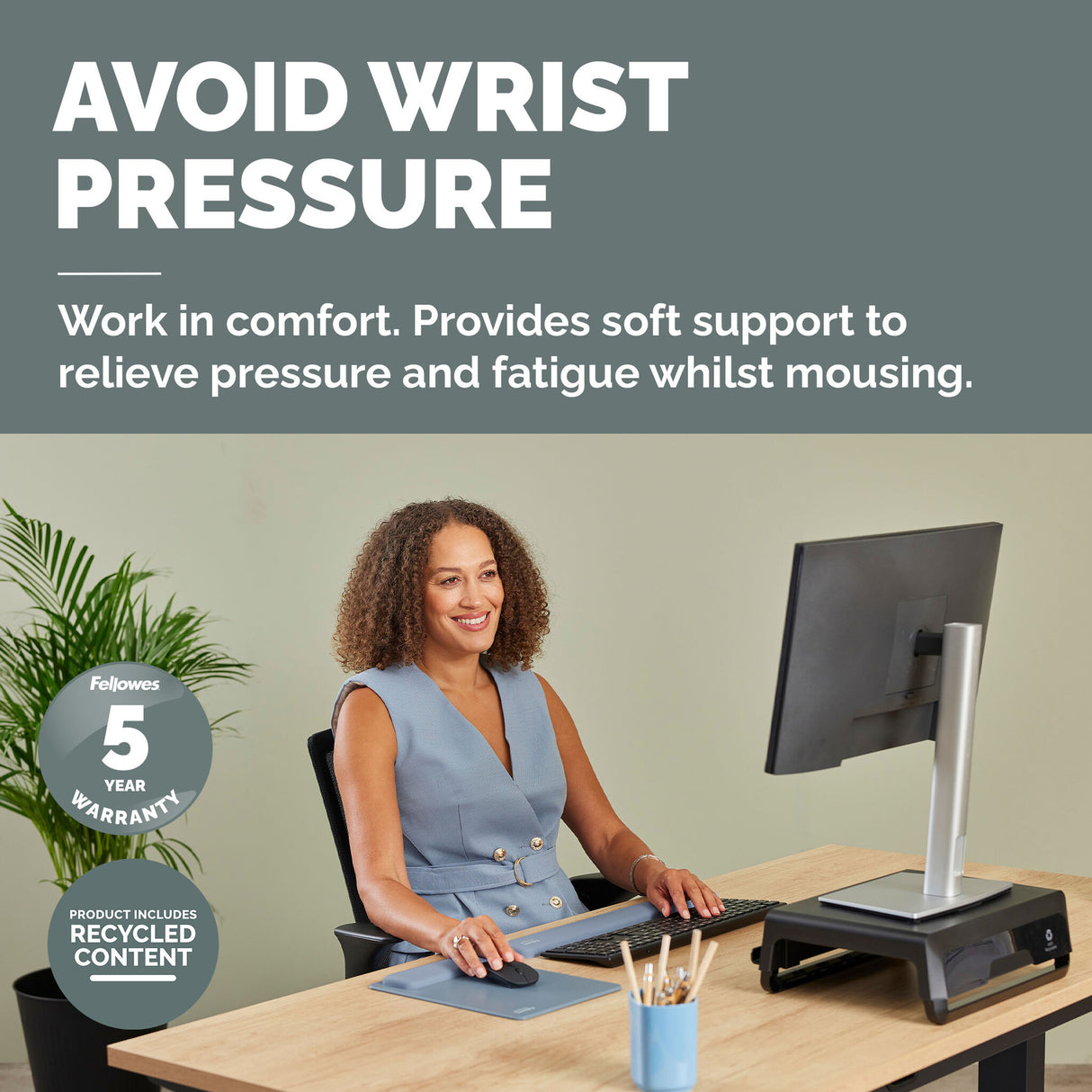 Fellowes Breyta XL Mouse Mat Wrist Rest XL Mouse Pad Wrist Support with Antibacterial Protection Ergonomic Mouse Mat Marine