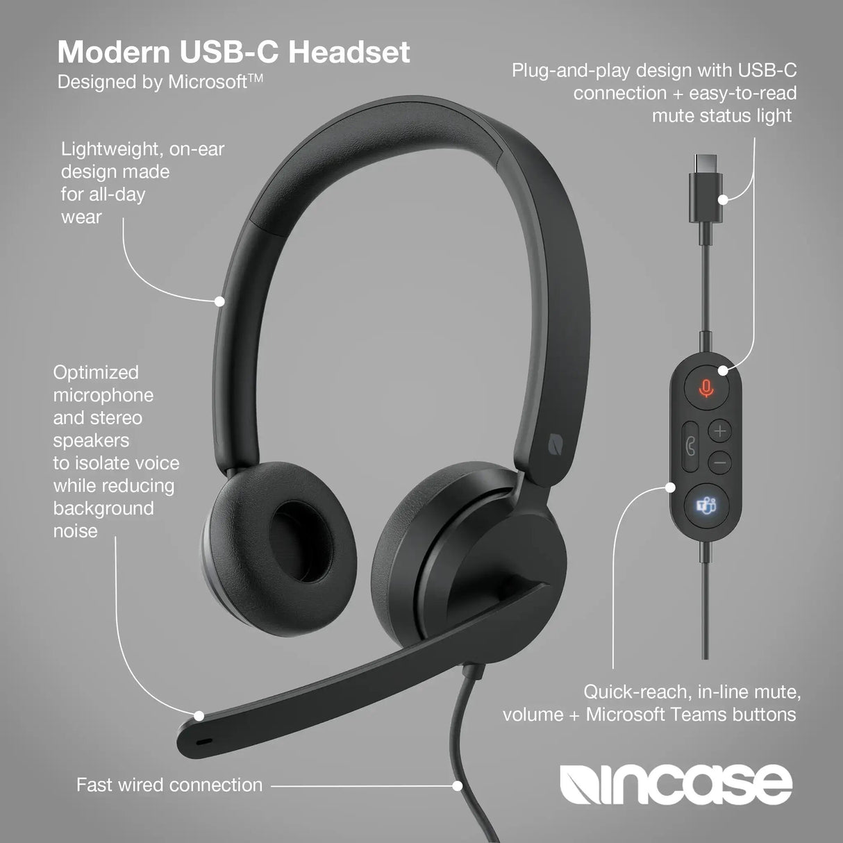 Incase Designed by Microsoft Modern USB-C Headset Wired Head-band Office/Call center USB Type-C Black