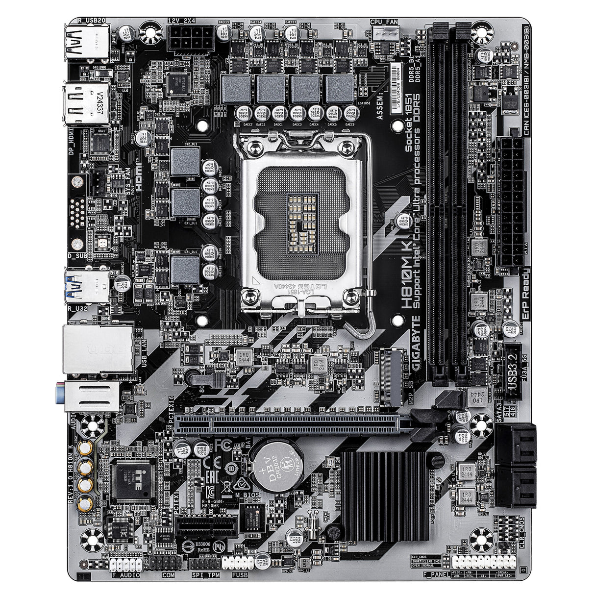 GIGABYTE H810M K Motherboard - Intel Core Ultra (Series 2) CPUs, 3+1+2 Phases VRM, up to 6400MHz DDR5, 1xPCIe 4.0 M.2, 1GbE LAN, USB 3.2 Gen 1