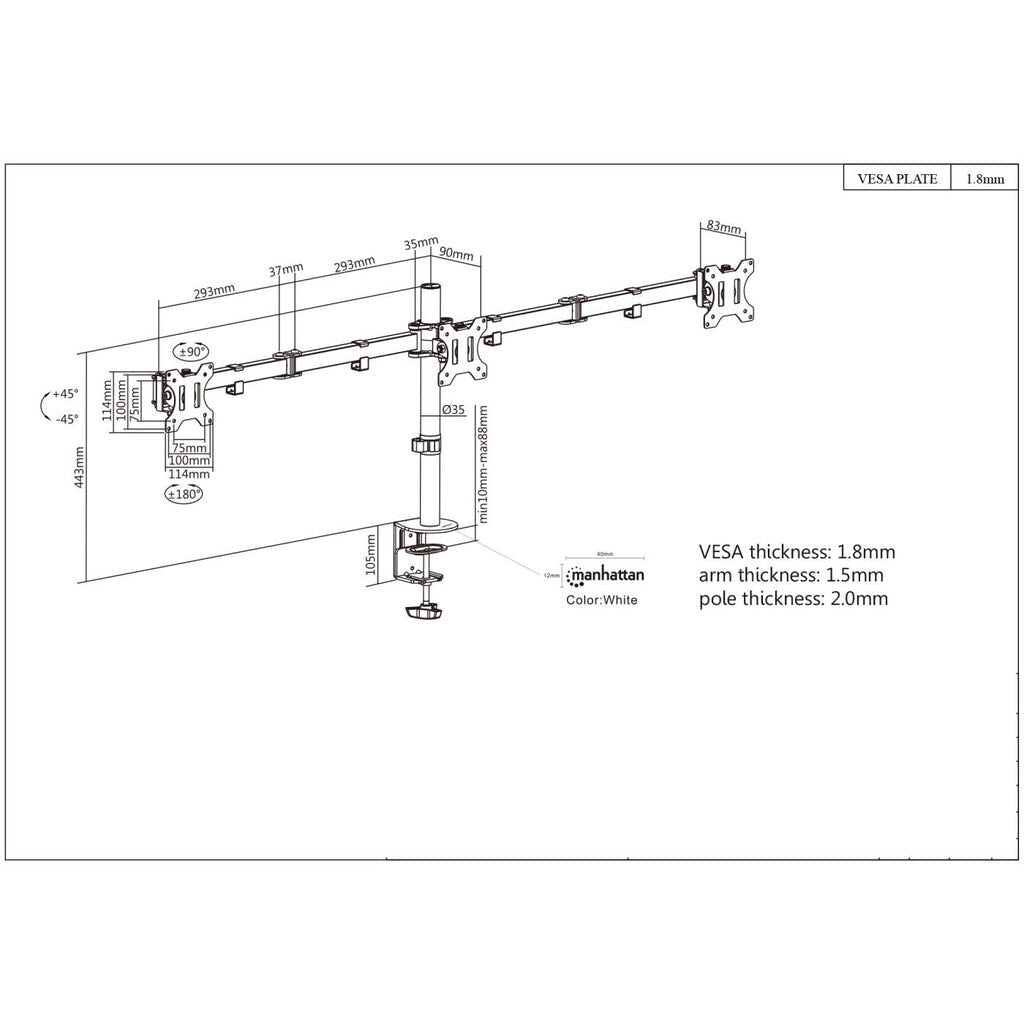 Manhattan Triple Desk Mount for TV & Monitors, For screens: 10" to 27", Clamp Assembly, VESA compatability: 75x75 and 100x100mm - check the dimensions of the four mounting holes on back of screen to ensure it fits, Max 7kg (each), Black, Bracket, Lifetime