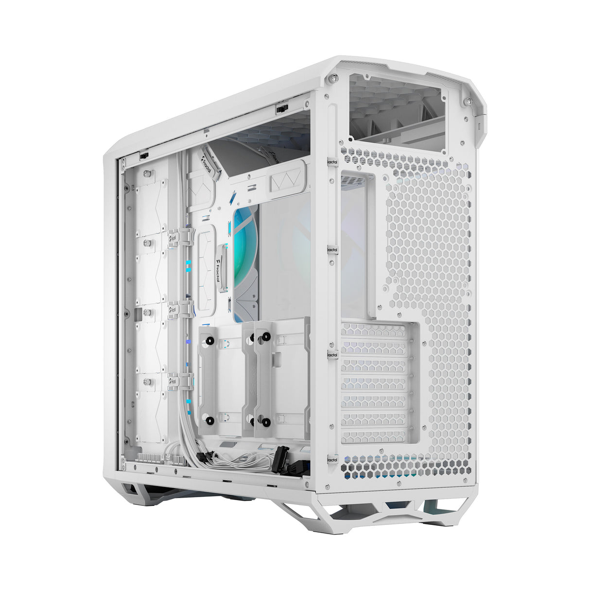 Fractal Design Torrent (White RGB TG) Estuche para juegos con ventana de vidrio transparente, E-ATX, 5 ventiladores ARGB, concentrador de ventilador, tira RGB en cubierta de fuente de alimentación, rejilla frontal, USB-C