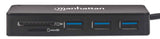 Manhattan USB-A 3-Port Hub with Card Reader, 3x USB-A ports, 5 Gbps (USB 3.2 Gen1 aka USB 3.0), SD, MicroSD, MMC and Memory Stick; Bus Power, SuperSpeed USB, Black, Three Year Warranty