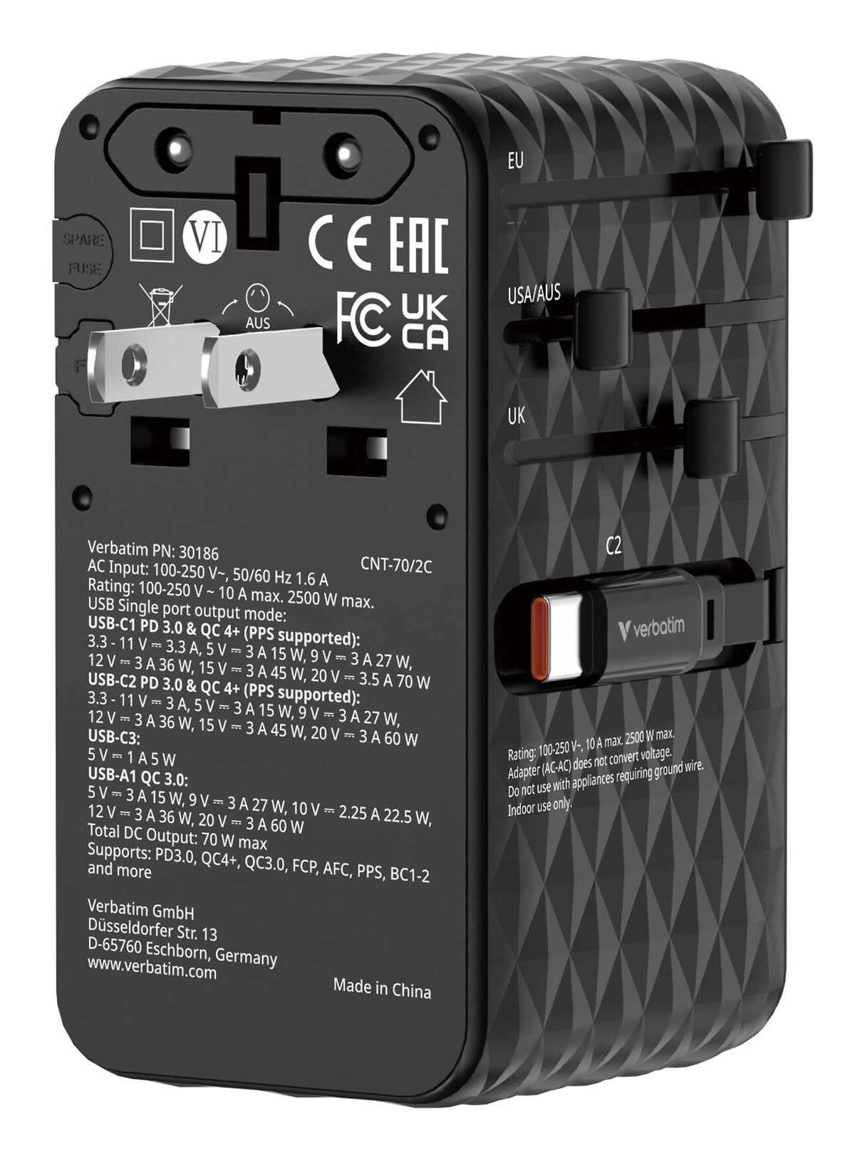 Verbatim Charge 'n' Travel 70W 2C retractable Universal Travel Adapter Black