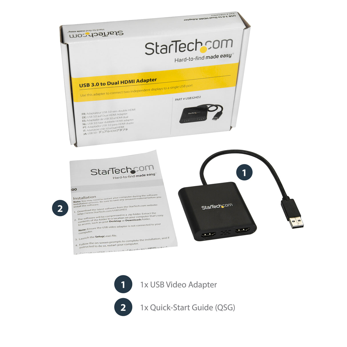 StarTech.com USB 3.0 to Dual HDMI Adapter, USB to 2x HDMI Monitor Converter for Windows (no support for macOS/ChromeOS/Linux) - TAA