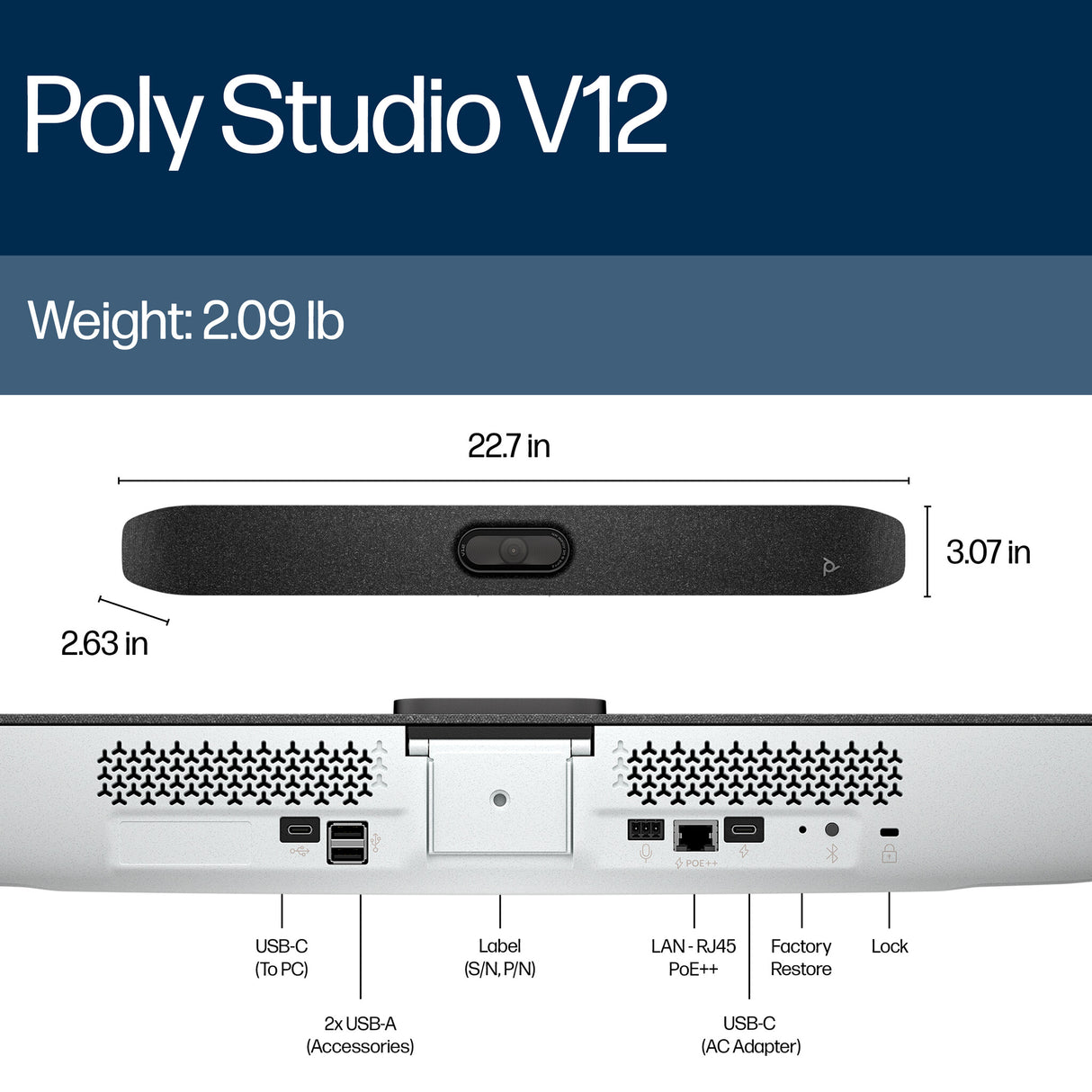 HP Poly Studio V12 USB Video Bar No Power Supply
