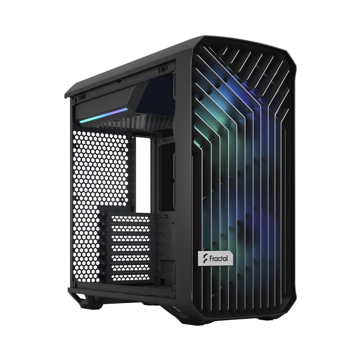 Fractal Design Torrent Compact (Light TG RGB) Caja para juegos con ventanas de vidrio tintado claro, E-ATX, 2 ventiladores RGB, concentrador de ventilador, tira RGB en cubierta de fuente de alimentación, rejilla frontal, USB-C