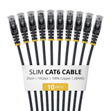 StarTech.com 25cm Black Slim CAT6 Cable, 10 Pack, Snagless, 100W PoE, UTP, LSZH, 28AWG Pure Bare Copper Wire, Slim RJ45 Network Patch Cord w/Strain Reliefs, Individually Tested