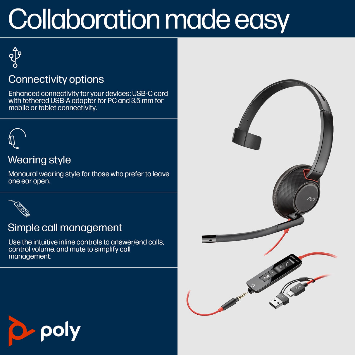 POLY Blackwire 5210 Monaural USB-C Headset +3.5mm Plug +USB-C/A Adapter (Bulk)