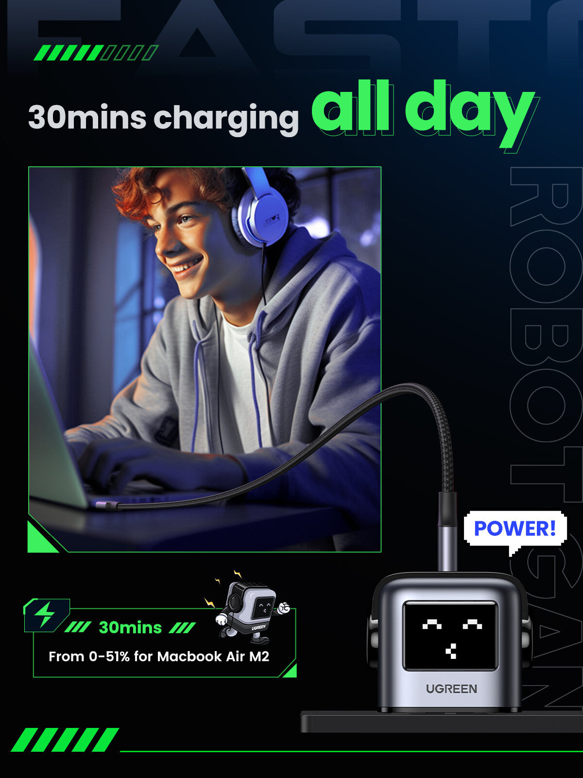 Ugreen USB-A+2C 65W UNO GAN CHARGER Mobile phone, Laptop, Tablet Black AC, USB Indoor