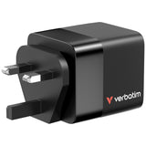 Verbatim GaN Charger 65W 2 Port retractable cable display US plugs with EU and UK adaptors