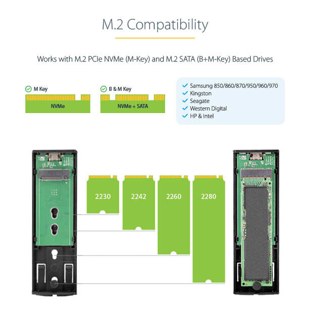 StarTech.com USB-C 10Gbps to M.2 NVMe or M.2 SATA SSD Enclosure - Tool-free External M.2 PCIe/SATA NGFF SSD Aluminum Case - USB Type-C&A Host Cables - Supports 2230/2242/2260/2280