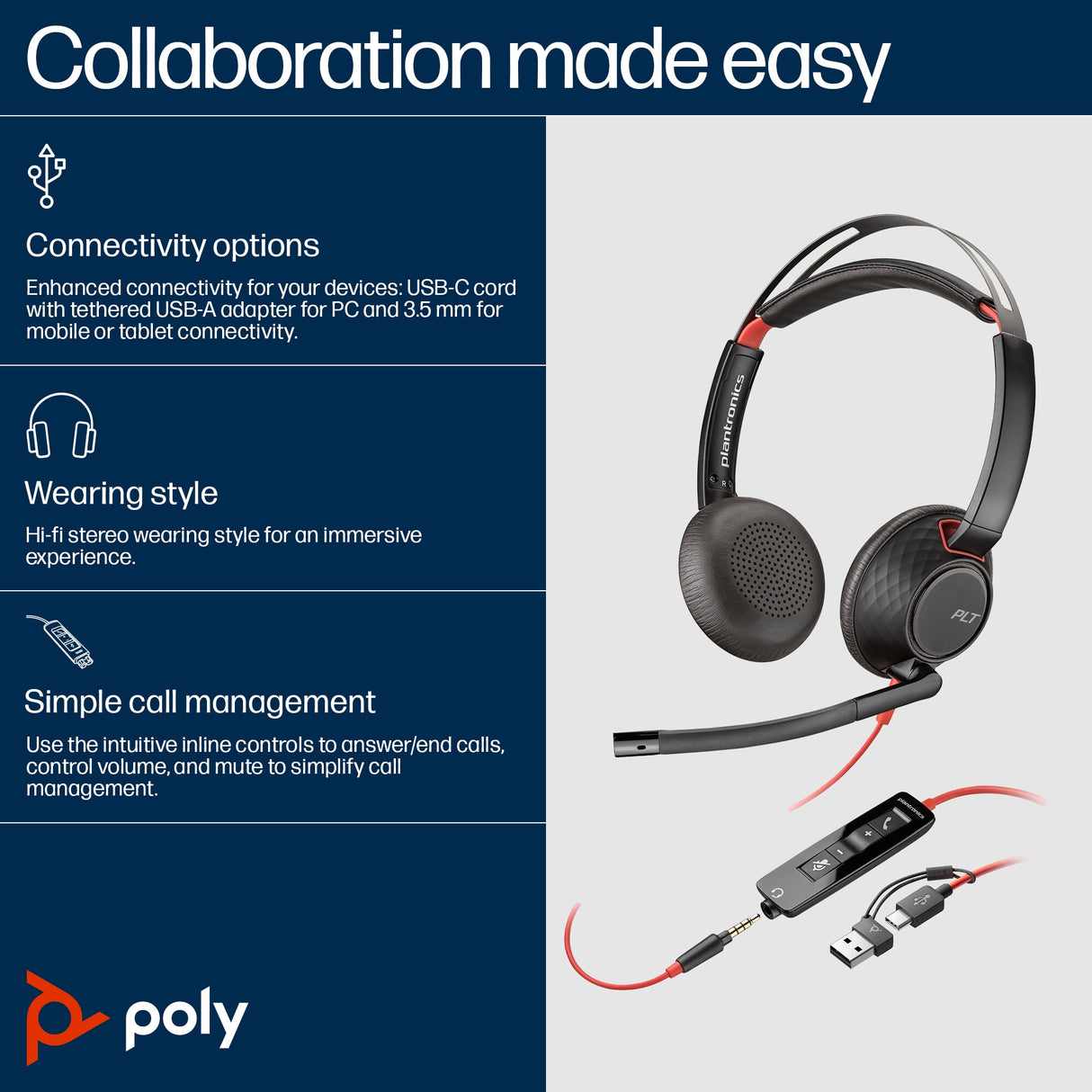 POLY Blackwire 5220 Stereo USB-C Headset +3.5mm Plug +USB-C/A Adapter (Bulk)