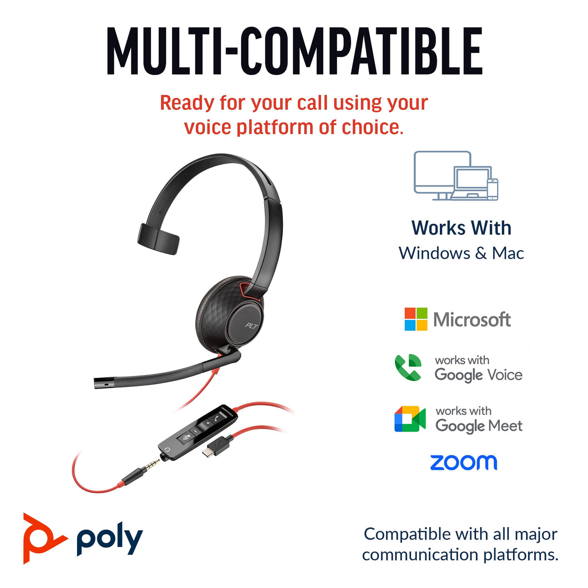 POLY Blackwire 5210 Monaural USB-C Headset +3.5mm Plug +USB-C/A Adapter (Bulk)